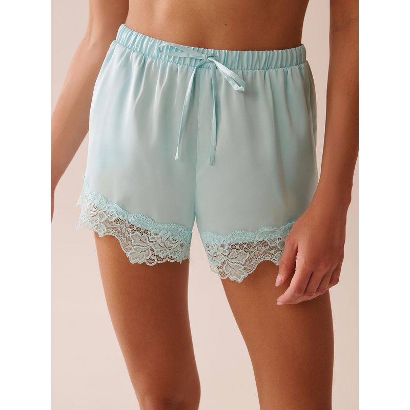 La Vie En Rose Lace Trim Satin Shorts Blue (M)