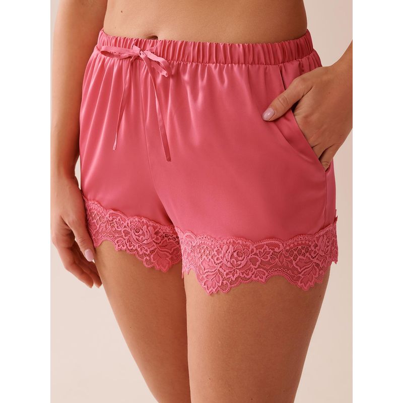 La Vie En Rose Lace Trim Satin Shorts Pink (S)