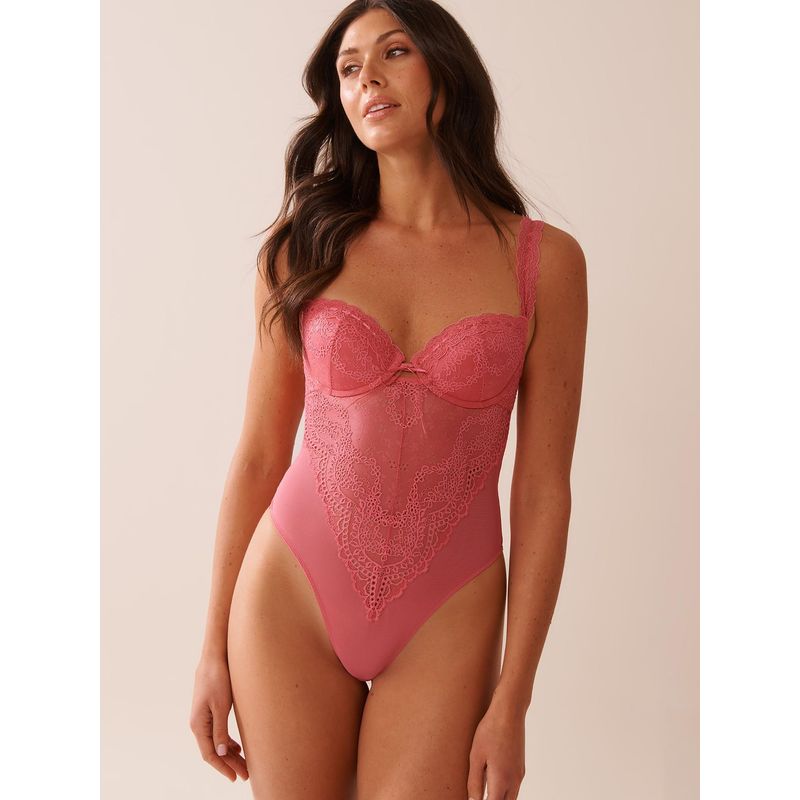 La Vie En Rose Floral Lace and Mesh Push-Up Bodysuit Teddy Pink (S)