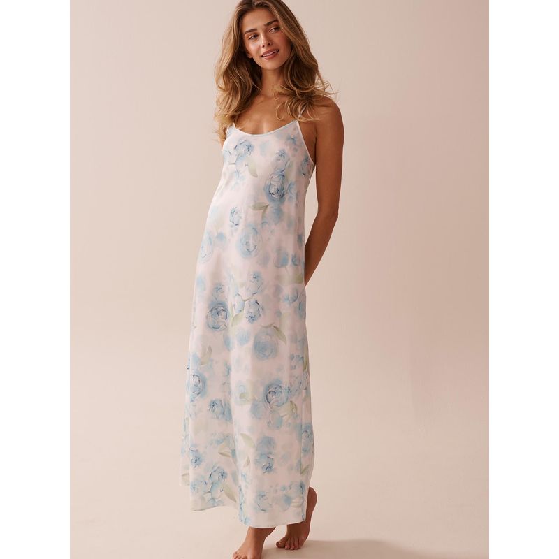 La Vie En Rose Blue Rose Print Long Satin Nighty (S)