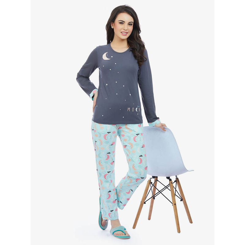 MAYSIXTY Women 100% Cotton Blue Printed Full Sleeve T-Shirt with Pyjama (Set of 2) (S)