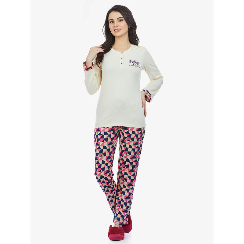 MAYSIXTY Women 100% Cotton Off White Printed Full Sleeve T-Shirt with Pyjama (Set of 2) (S)