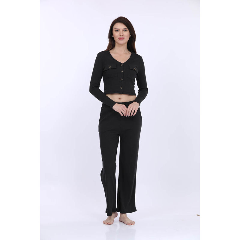 MAYSIXTY Women Cotton Spandex Black Solid Full Sleeve Fashion Crop T-Shirt Co-Ord (Set of 2) (S)