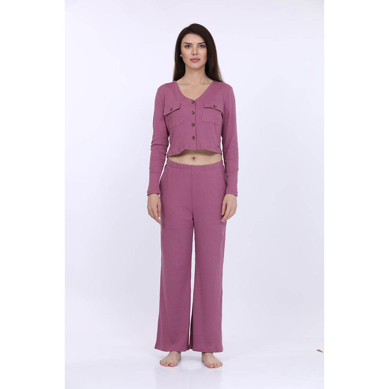 MAYSIXTY Women Cotton Spandex Pink Solid Full Sleeve Fashion Crop T-Shirt Co-Ord (Set of 2) (S)