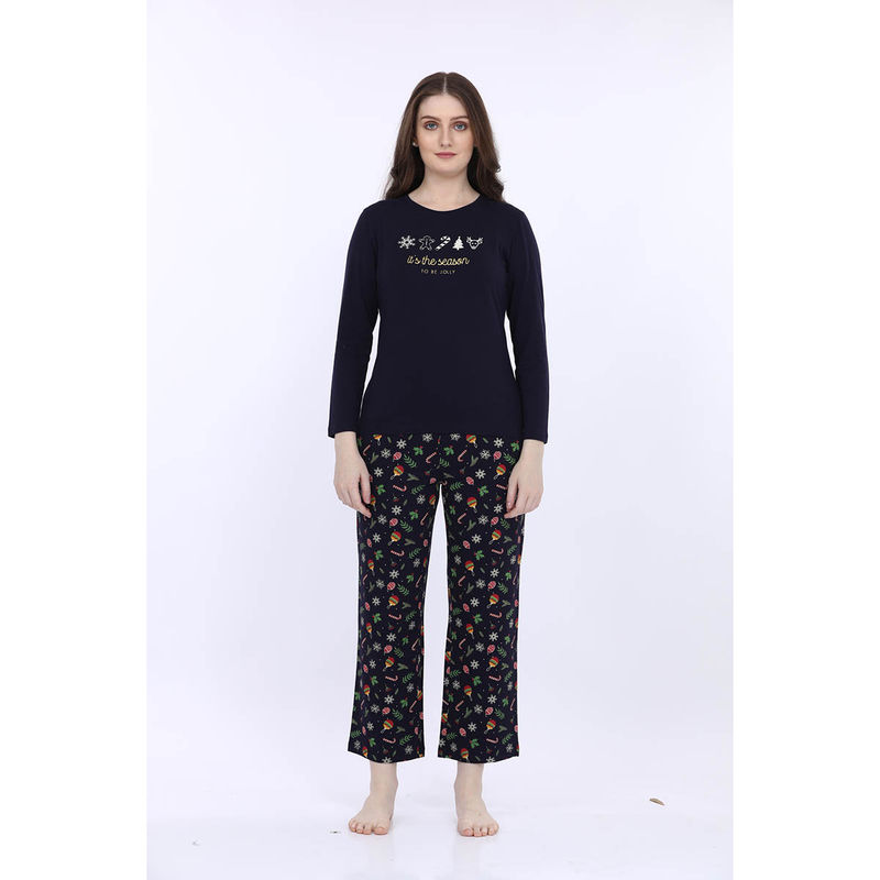 MAYSIXTY Women 100% Cotton Navy Blue Printed Full Sleeve T-Shirt with Pyjama (Set of 2) (S)