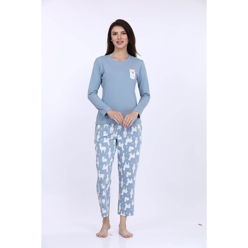 MAYSIXTY Women 100% Cotton Blue Printed Full Sleeve T-Shirt with Pyjama (Set of 2) (XL)