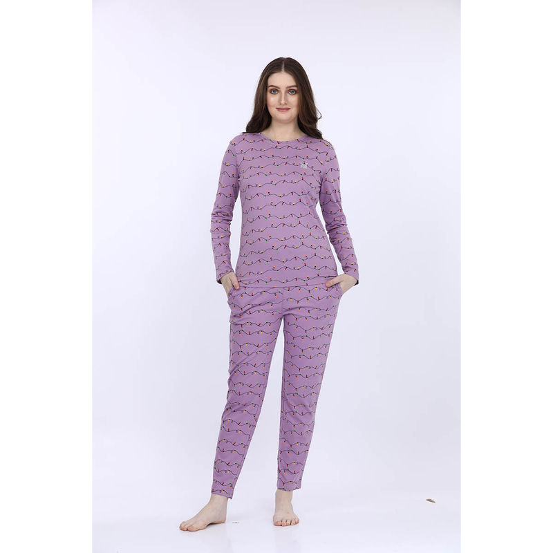 MAYSIXTY Women 100% Cotton Purple Printed Full Sleeve T-Shirt with Pyjama (Set of 2) (2XL)