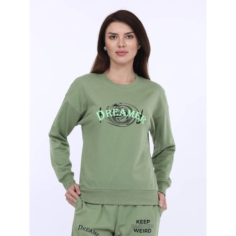 MAYSIXTY Women Cotton Spandex Green Printed Full Sleeve Sweat Shirt (S)