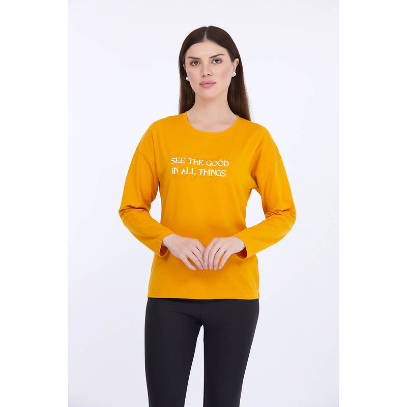 MAYSIXTY Women Cotton Spandex Yellow Printed Full Sleeve T-Shirt (2XL)