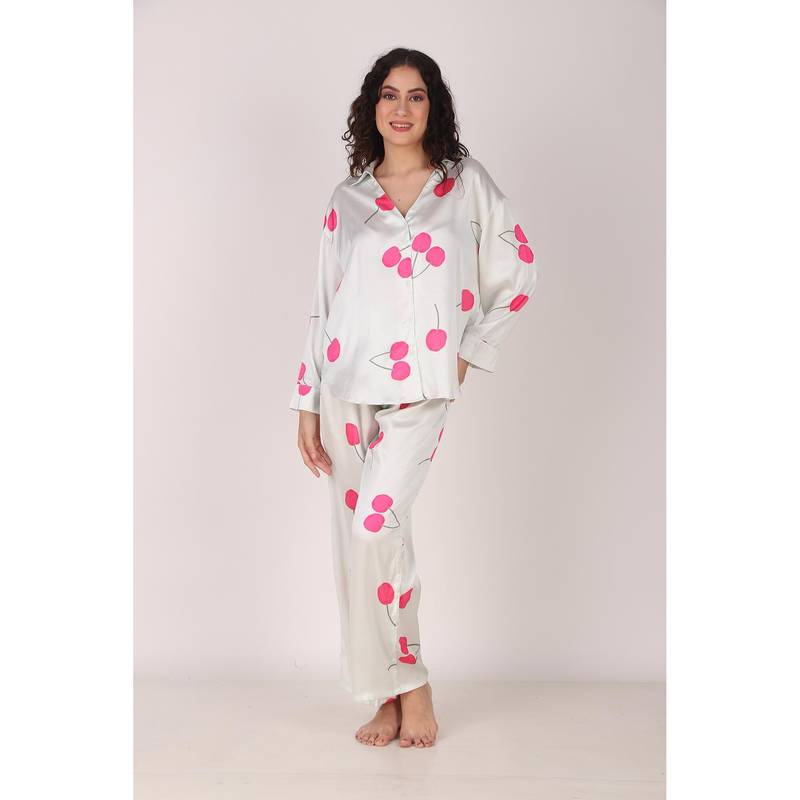 Masha Cherry Oversized Satin Nightsuit (S)