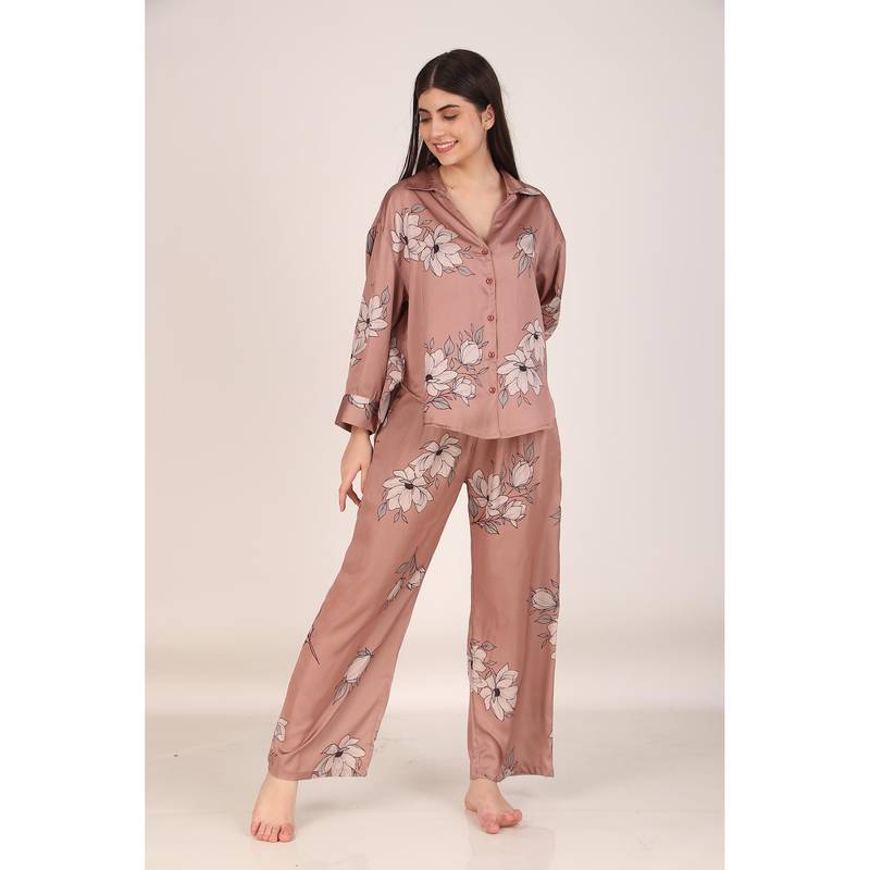 Masha Brown Floral Oversized Satin Nightsuit (L)