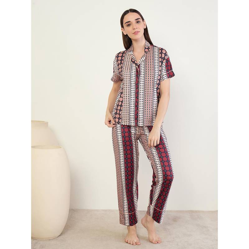 Buy Sweet Dreams Womens Geometric Printed Front Open Pyjama With Shirt ...