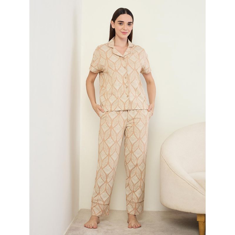Sweet Dreams Womens Geometric Printed Front Open Pyjama With Shirt Beige (S)