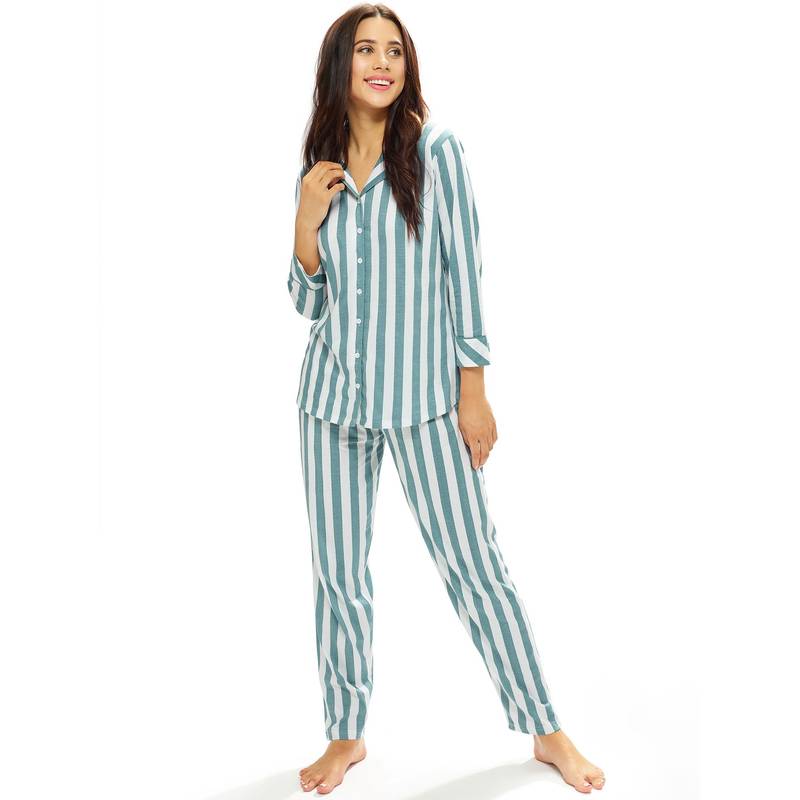 LOTIK Womens Cotton Aqua Blue Strip Print Front Open Full Sleeve Nightsuit (S)