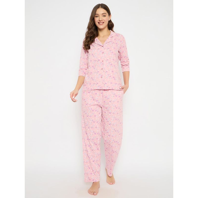 Clovia Floral Print Button-Down Shirt and Pyjama Baby Pink (S)