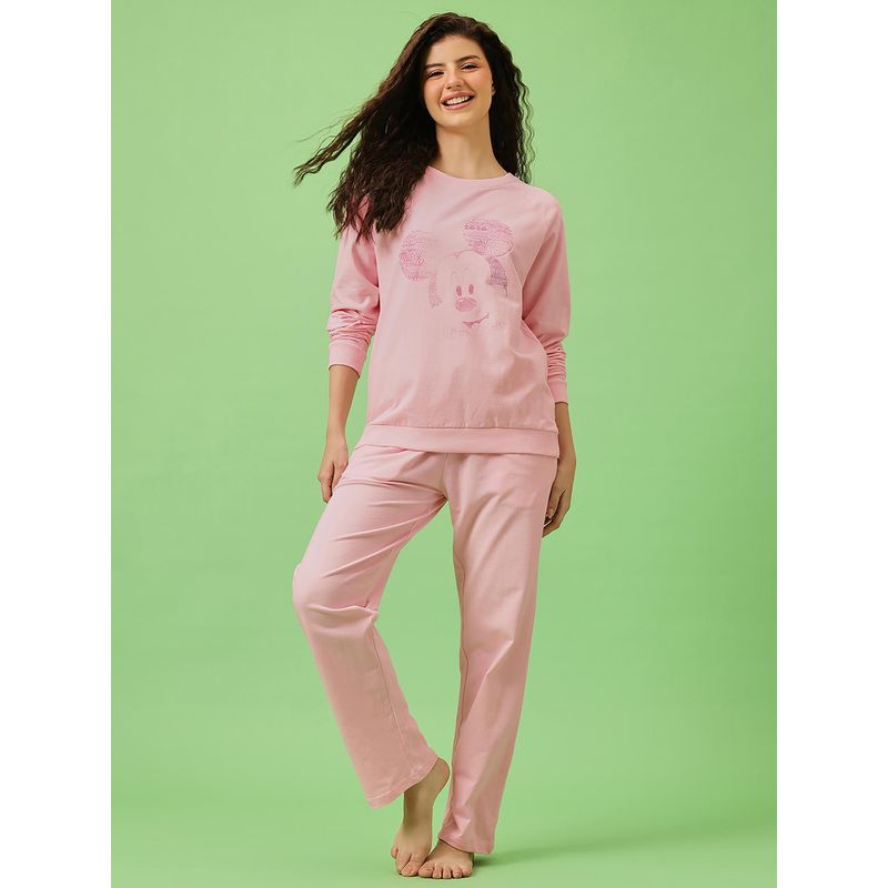 Clovia Disney Edition: Mickey Mouse Light Pink Terry Cotton Pyjama (S)
