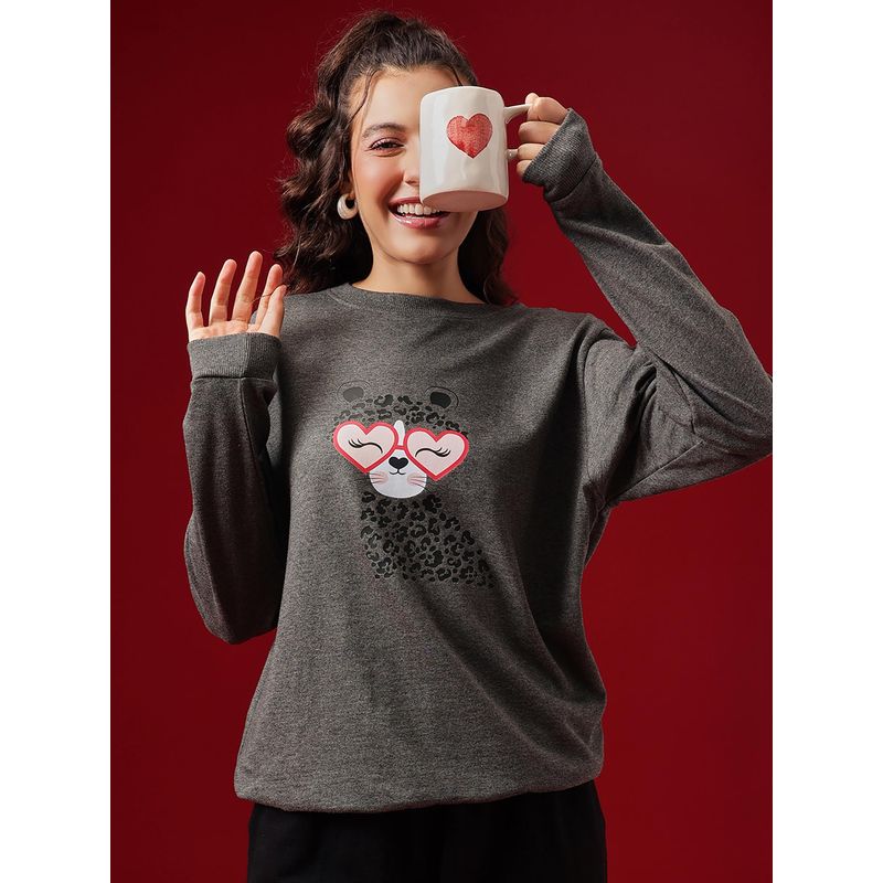 Clovia Graphic Print Sweatshirt In Dark Grey - Terry Cotton (L)