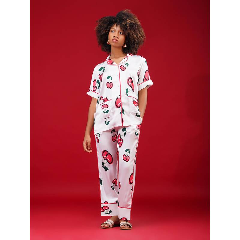 Noite Luxe Satin Sleepwear Night Suit – Printed Shirt & Pyjama Set (XS)