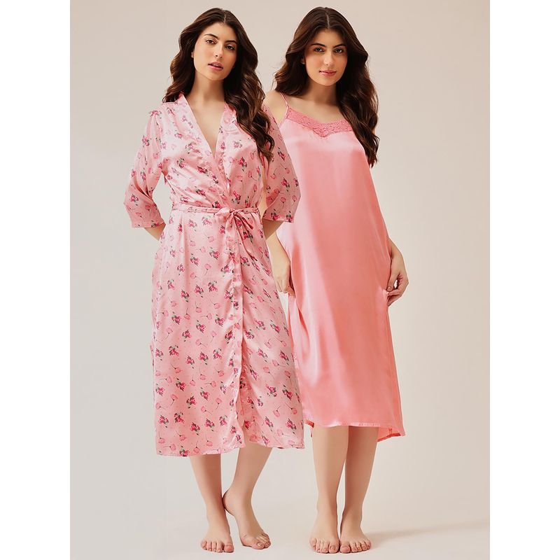 Clovia Floral Print Long Nighty And Robe With Belt Light Pink - Satin (S)