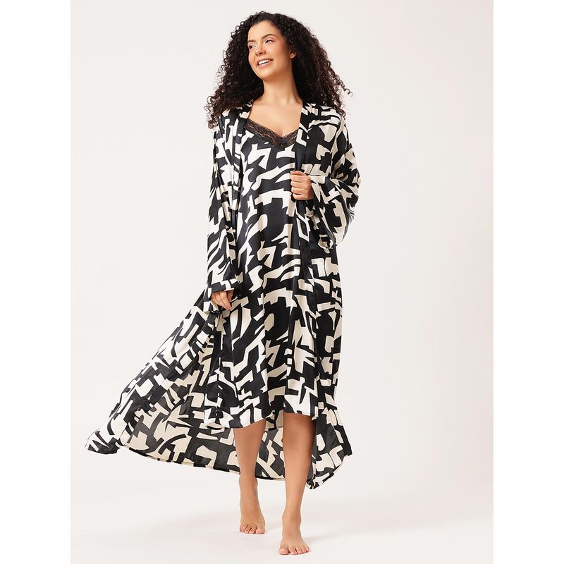 Clovia Chic Printed Long Nighty And Robe With Belt In Black - Satin (S)