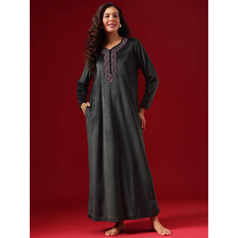 Clovia Chic Long Nighty In Dark Grey - Velour (S)