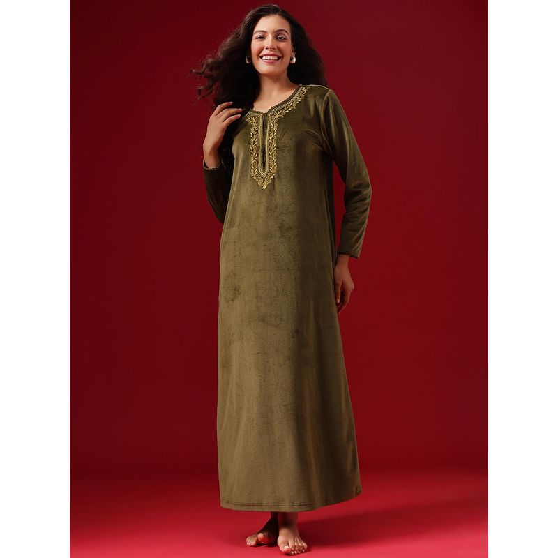 Clovia Chic Long Nighty In Olive Green - Velour (S)