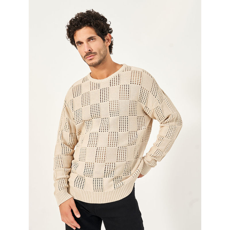 Styli Men Checkered Crochet Knit Relaxed Fit Sweater (S)
