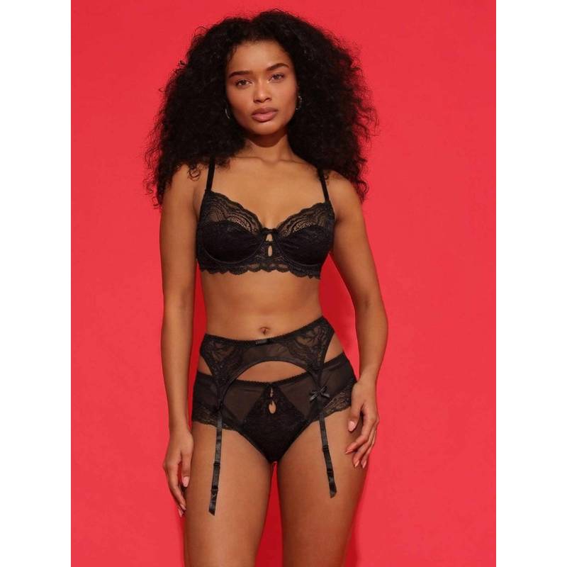 Chelvet Black Lace Garter Belt with Sheer Panels (M)
