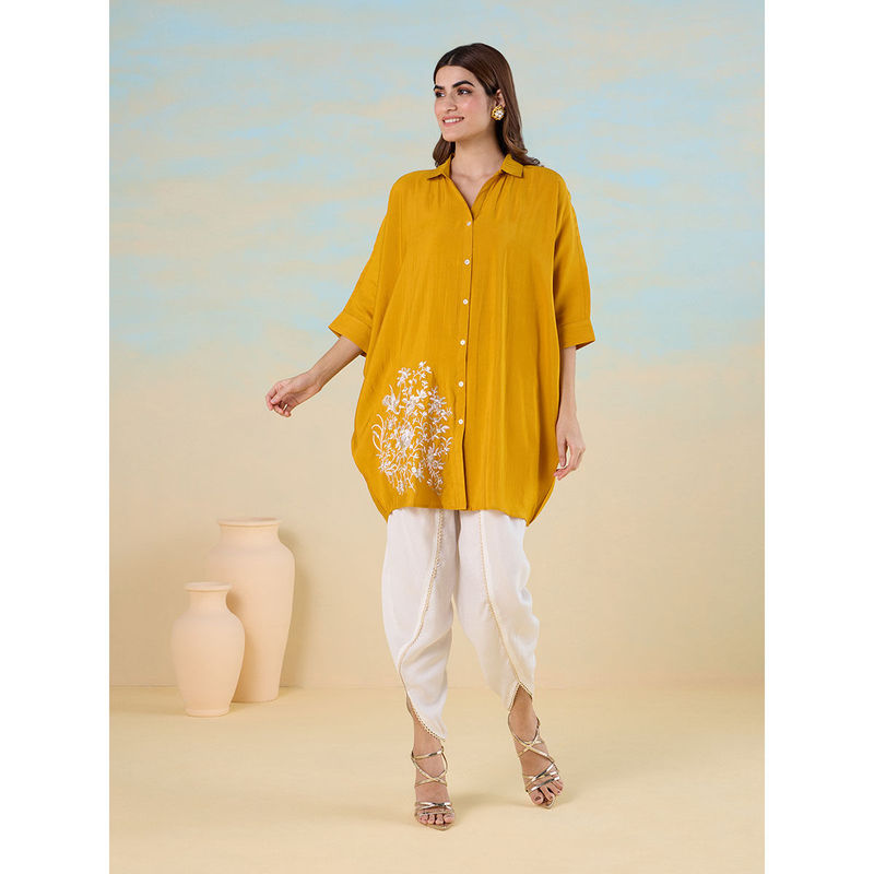Likha yellow Smooth Art Silk Embroidered Pakistani Kimono Top with Dhoti Pant with Lace LIKEDCS06 (S)