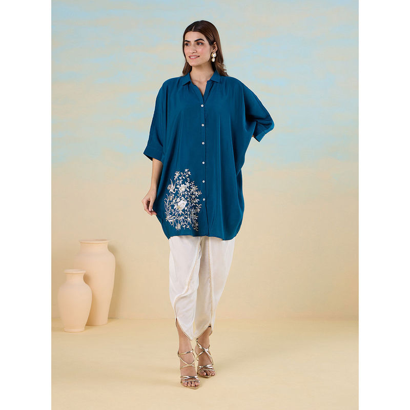 Likha Teal Smooth Art Silk Embroidered Pakistani Kimono Top with Dhoti Pant with Lace LIKEDCS06 (2XL)