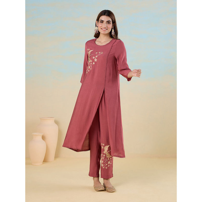 Likha Onion Pink Smooth Art Silk A line Front Slit Placement Embroidered Kurta with Pant LIKGGCS04 (S)