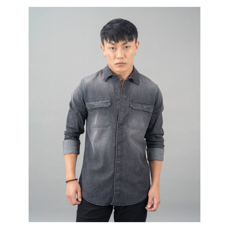 ROOKIES Charcoal Grey Full Sleeve Denim Casual Shirt (S)