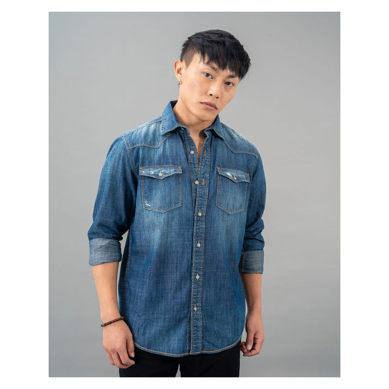 ROOKIES Blue Full Sleeve Denim Casual Shirt (2XL)