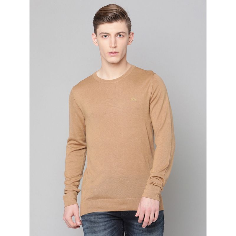 LINDBERGH Camel Solid Round Neck Sweater (S)