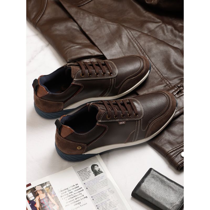 EZOK Men Dark Brown Lace Up Solid Leather Sneakers (UK 9)