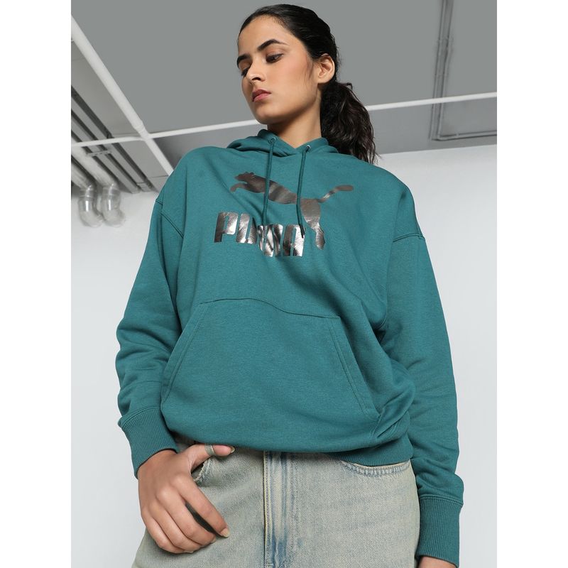 Puma Classics Shiny Logo Womens Teal Hoodie (S)
