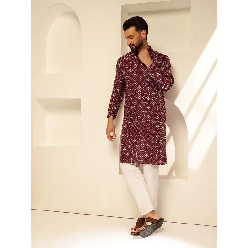 SOJANYA (Since 1958) Cotton Silk Sequins Thread Embroidered Maroon Kurta With Pyjama (Set of 2) (36)