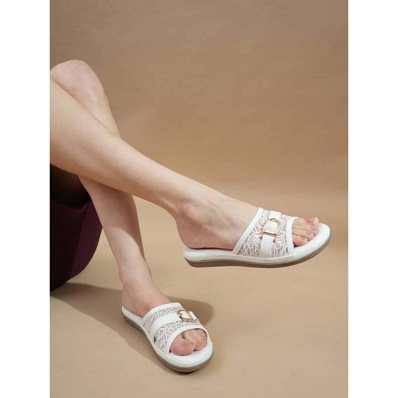 Drop Bold Women White Woven Design Open Toe Sandals (EURO 37)