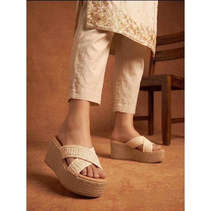 Shoetopia Women’s Beige Woven Criss-Cross Platform Wedges Heels (EURO 35)