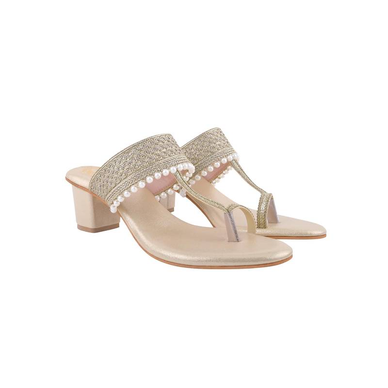 Shoetopia Women Gold Pearl-Embellished Embroidered Block Sandals Heels (EURO 36)
