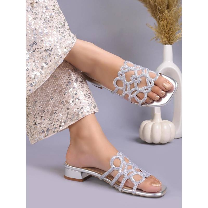 Jove Women Silver Embellished Open Toe Sandals Heels (EURO 37)