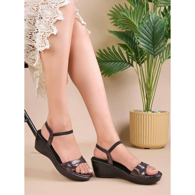Jove Women Black Textured Metallic Wedges Heels (EURO 36)
