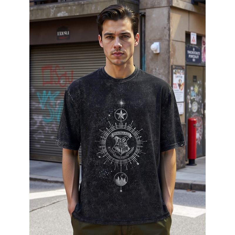 Bewakoof Official Harry Potter Merchandise Men's Black Crest Mark Oversized Acid Wash T-Shirt (L)