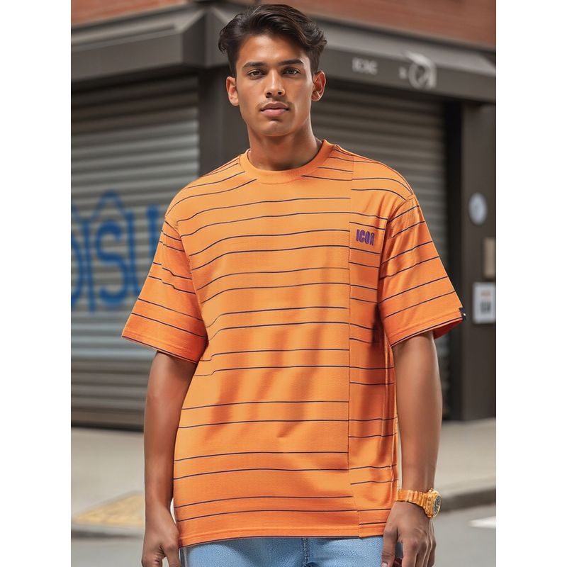 Bewakoof Men's Orange Icon Striped Oversized T-shirt (S)
