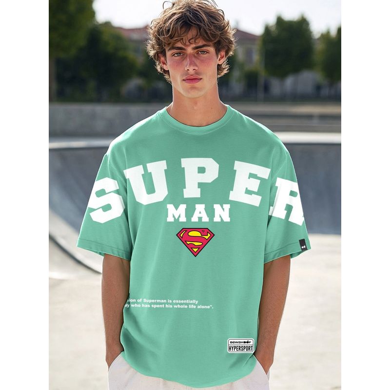 Bewakoof Official DC Men's Granite Green Superman Graphic Printed Oversized T-shirt (M)