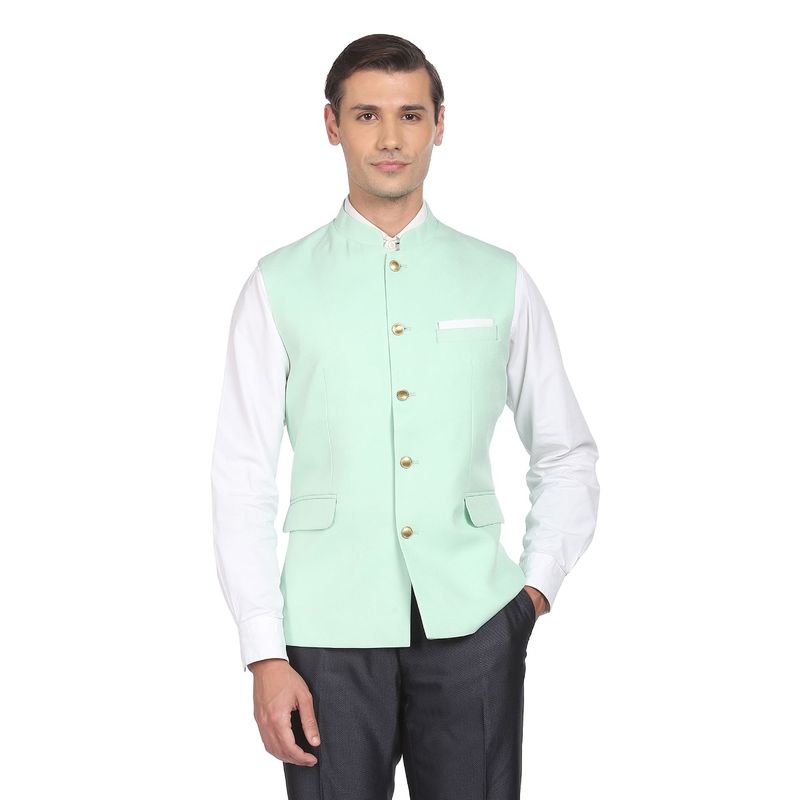 AD By Arvind Men Mint Textured Tailored Regular Fit Nehru Jacket (38)