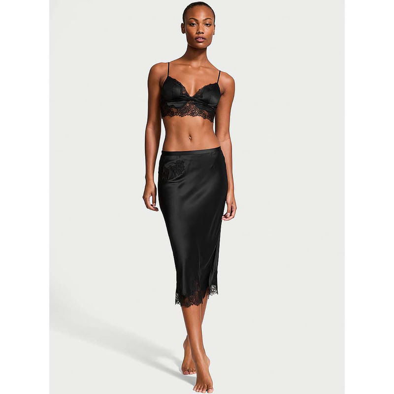Victoria's Secret Satin Rose Lace-Trim Bralette And Midi Skirt Black (Set of 2) (XS)