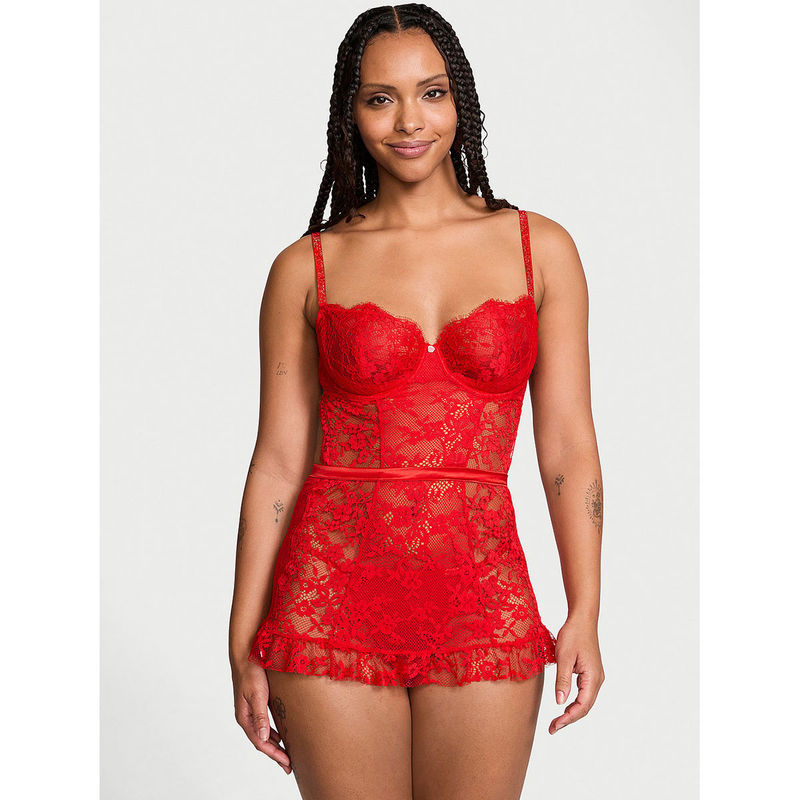 Victoria's Secret Very Sexy Twinkle Wicked Unlined Lace Babydoll With Thong Red (Set of 2) (XS)