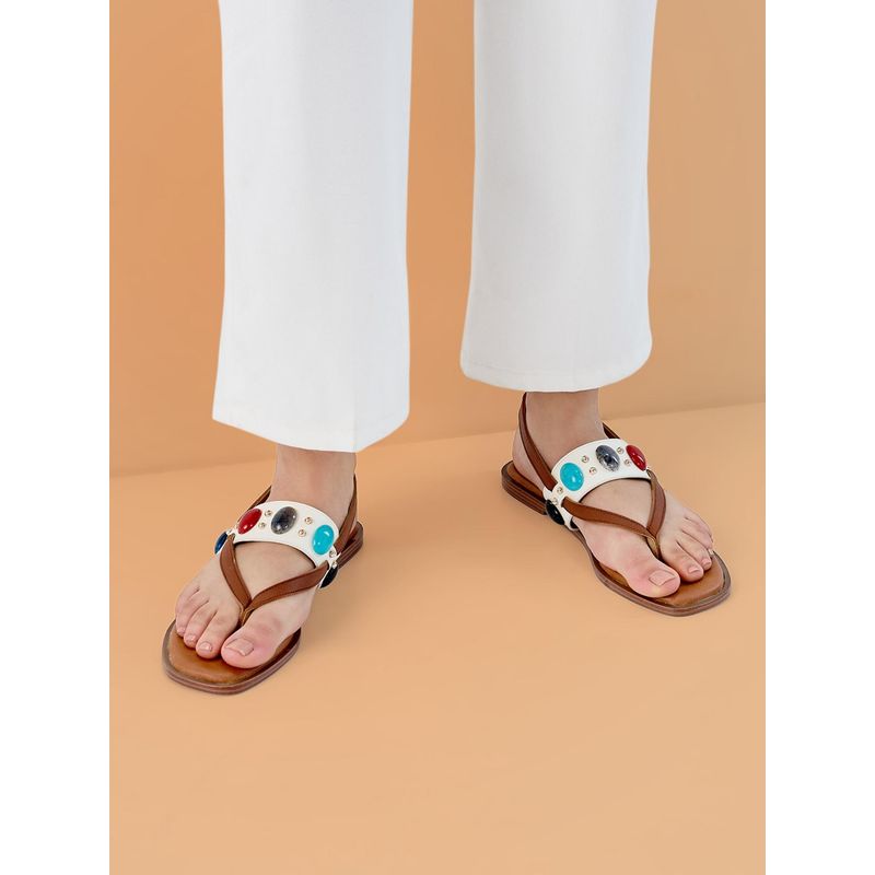 ROCIA White Women Casual Beaded Flat Sandals (EURO 36)