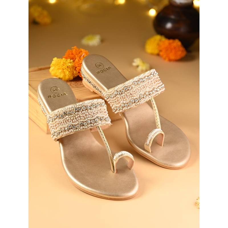 ROCIA Gold Women One Toe Hand Embroidered Small Embellished Sandals (EURO 36)